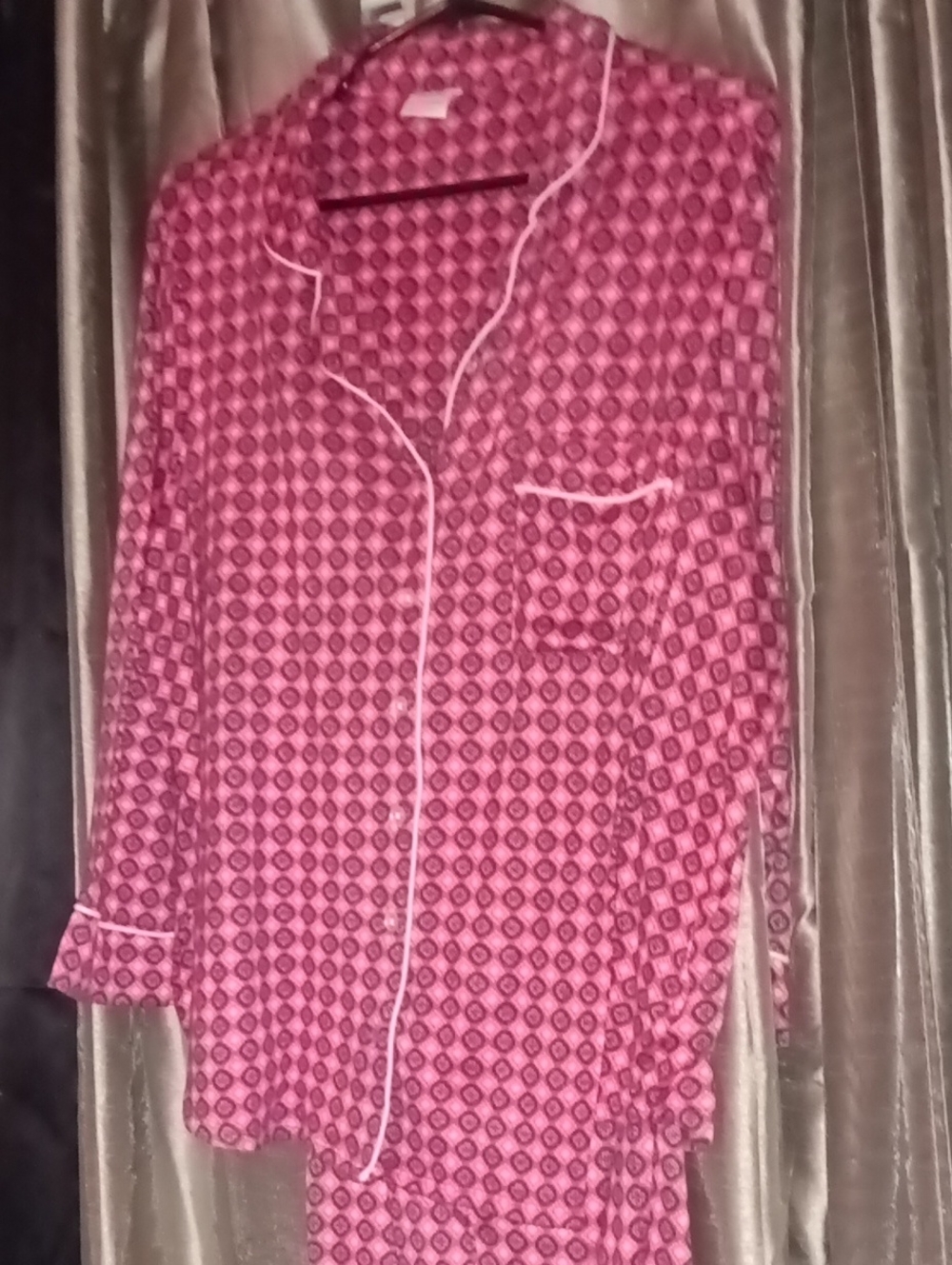 Salmon Geometric Pajama Set with White Piping